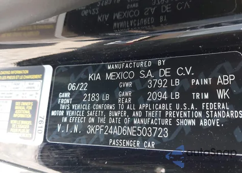 2022 Kia Forte Lxs from USA, damaged, VIN 3KPF24AD6NE503723